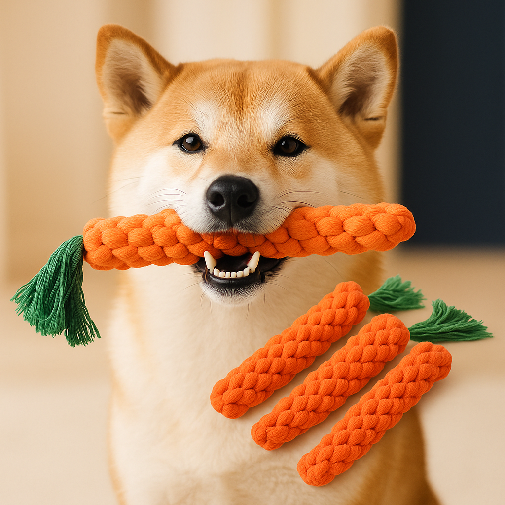 Carrot Rope Chew Toy with dog