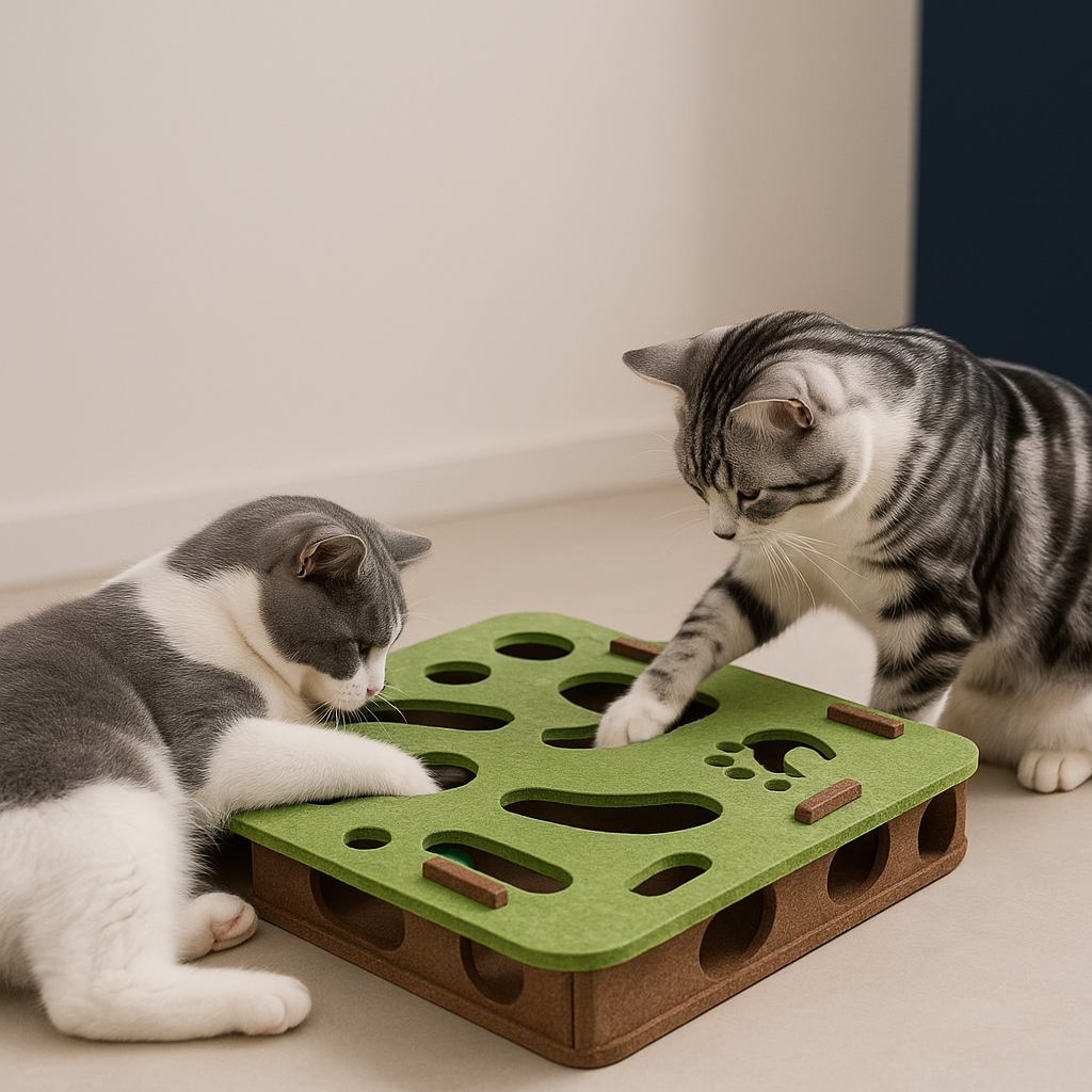 Cat Puzzle Feeder Toy with two cats playing